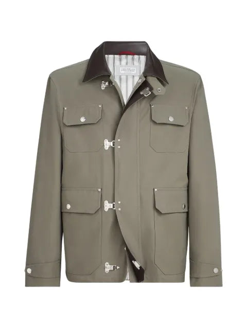 Brunello Cucinelli  water-resistant techno cotton gabardine outerwear jacket with leather inserts and hook fastening