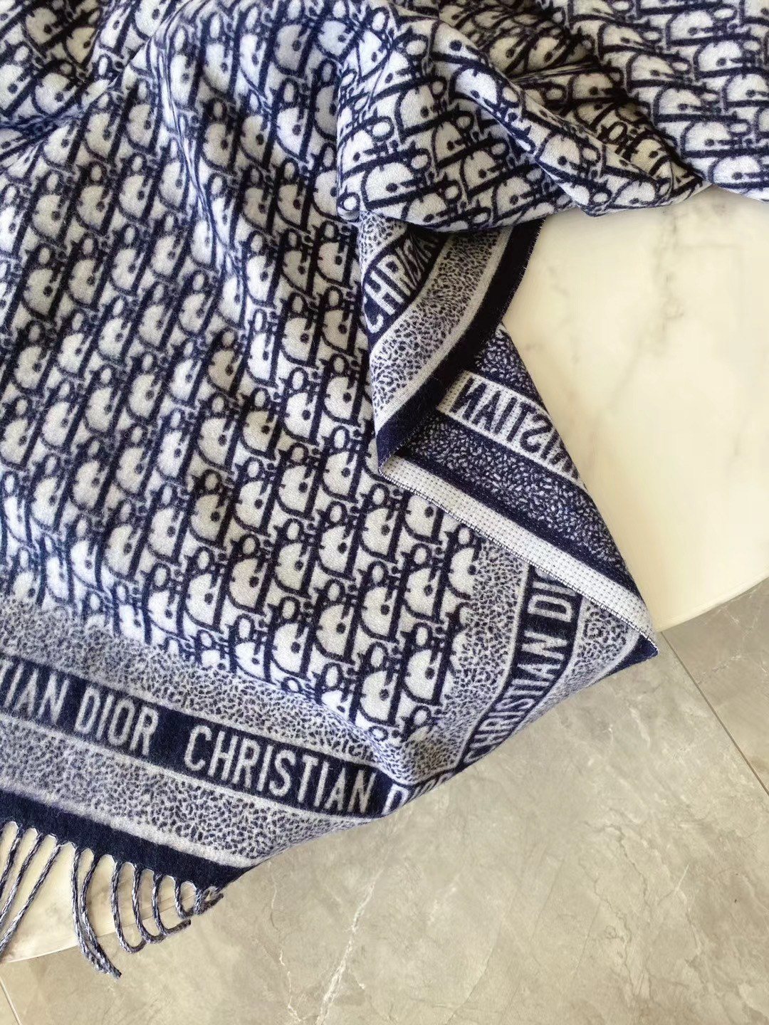 Dior Navy Blue & Ivory Fringed Scarf