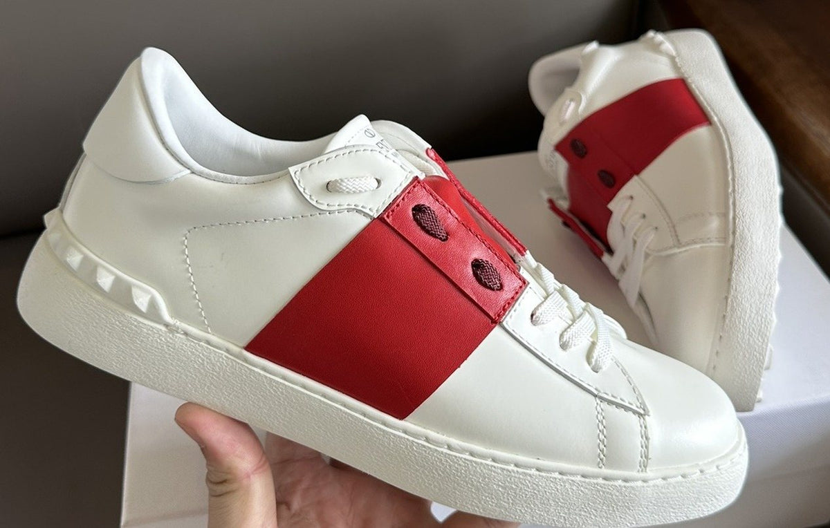 Valentino White and Red Studded Low-Top Sneakers