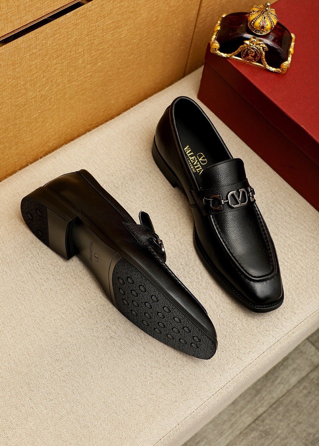 Valentino Black Metal-Hardware Loafers