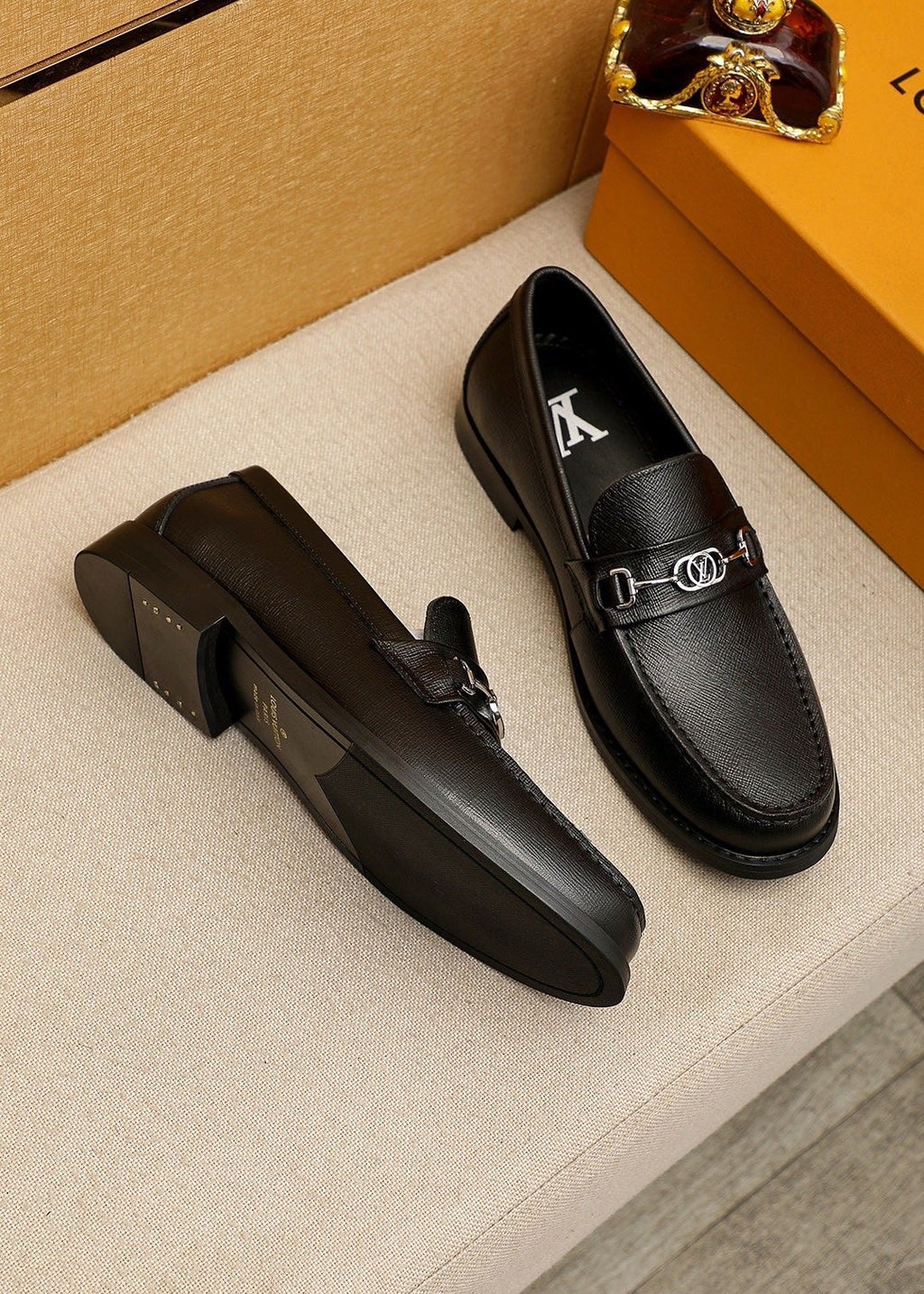 Louis Vuitton Black Textured Metal-Bit Loafers