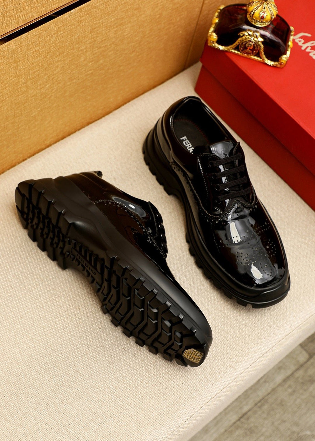Ferragamo Black Patent Lace-Up Shoes