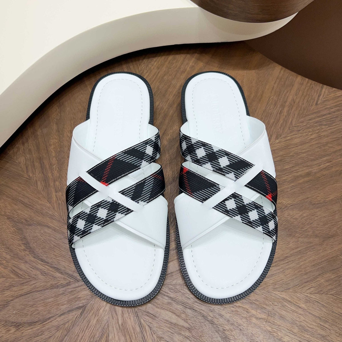 Burberry Plaid Cross-Strap Slide Sandals - Contoured Footbed