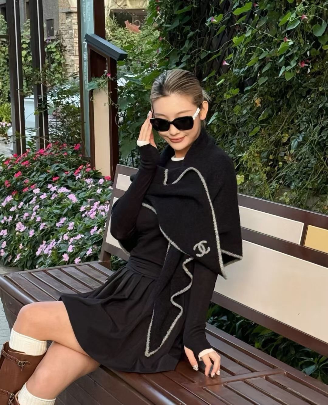 Chanel Black Triangle Scarf with White Trim